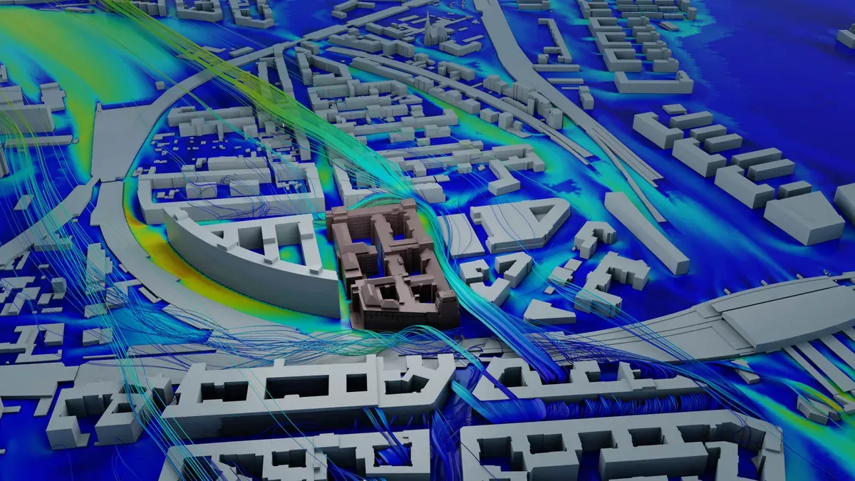 CFD streamlines showing wind flow around the Berliner Bremsenwerk